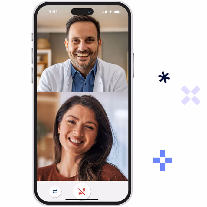 Smartphone screen showing a video call between a smiling male doctor and a woman.
