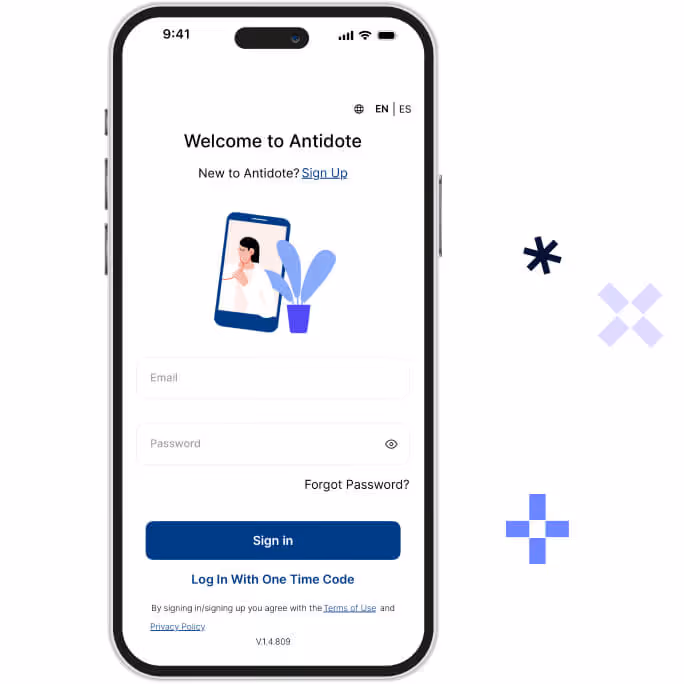 Mobile phone showing Antidote app sign-in screen with fields for email and password, options for forgotten password, one-time code login, and sign up link.