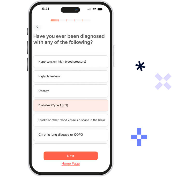 Smartphone screen displaying a health survey question asking if the user has been diagnosed with conditions like hypertension, high cholesterol, obesity, diabetes, stroke, or chronic lung disease, with diabetes selected and a Next button below.