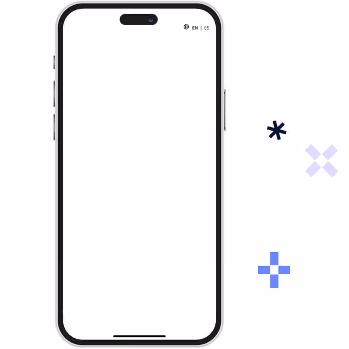 Front view of a modern smartphone with a blank white screen and language options English and Spanish at the top right, surrounded by abstract blue and purple geometric shapes.