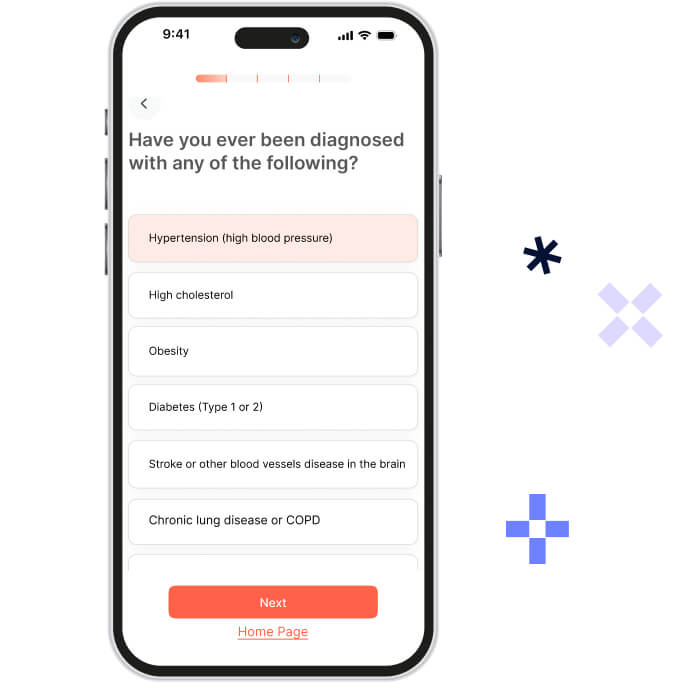 Mobile phone screen showing a health questionnaire asking if user has been diagnosed with conditions like hypertension, high cholesterol, obesity, diabetes, stroke, or lung disease, with hypertension selected.