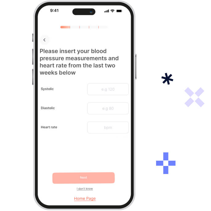 Smartphone screen displaying a form asking users to input systolic, diastolic blood pressure, and heart rate measurements from the last two weeks with next and home page buttons.