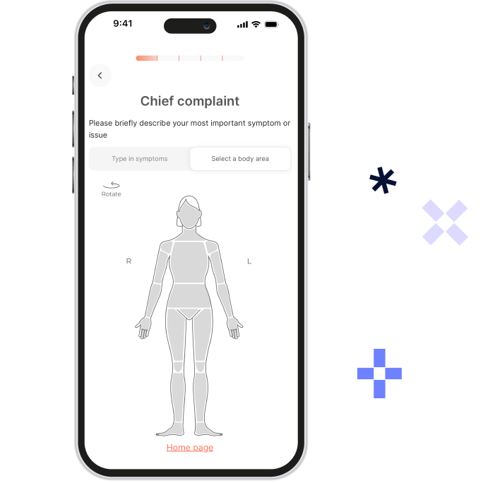 Mobile phone screen showing a health app with a body diagram for selecting and describing symptoms, labeled 'Chief complaint' with input fields for typing symptoms or selecting body areas.