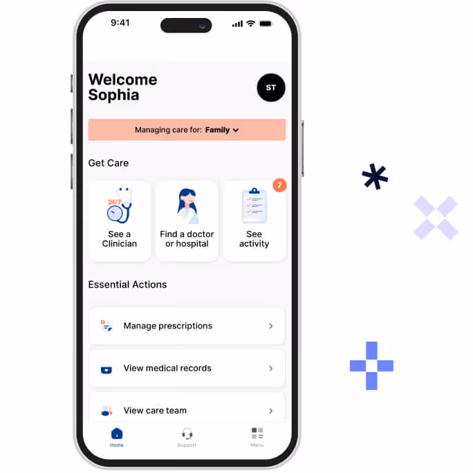 Mobile app home screen welcoming Sophia, with options to see a clinician, find a doctor or hospital, and view activity, plus essential actions like managing prescriptions, viewing medical records, and care team.