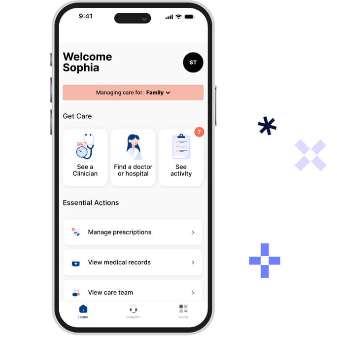Mobile app home screen welcoming Sophia, with options to see a clinician, find a doctor or hospital, and view activity, plus essential actions like managing prescriptions, viewing medical records, and care team.