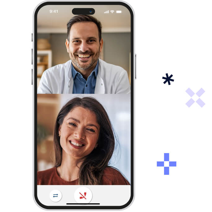 Video call on a smartphone showing a smiling man in a white coat and a smiling woman with long dark hair.