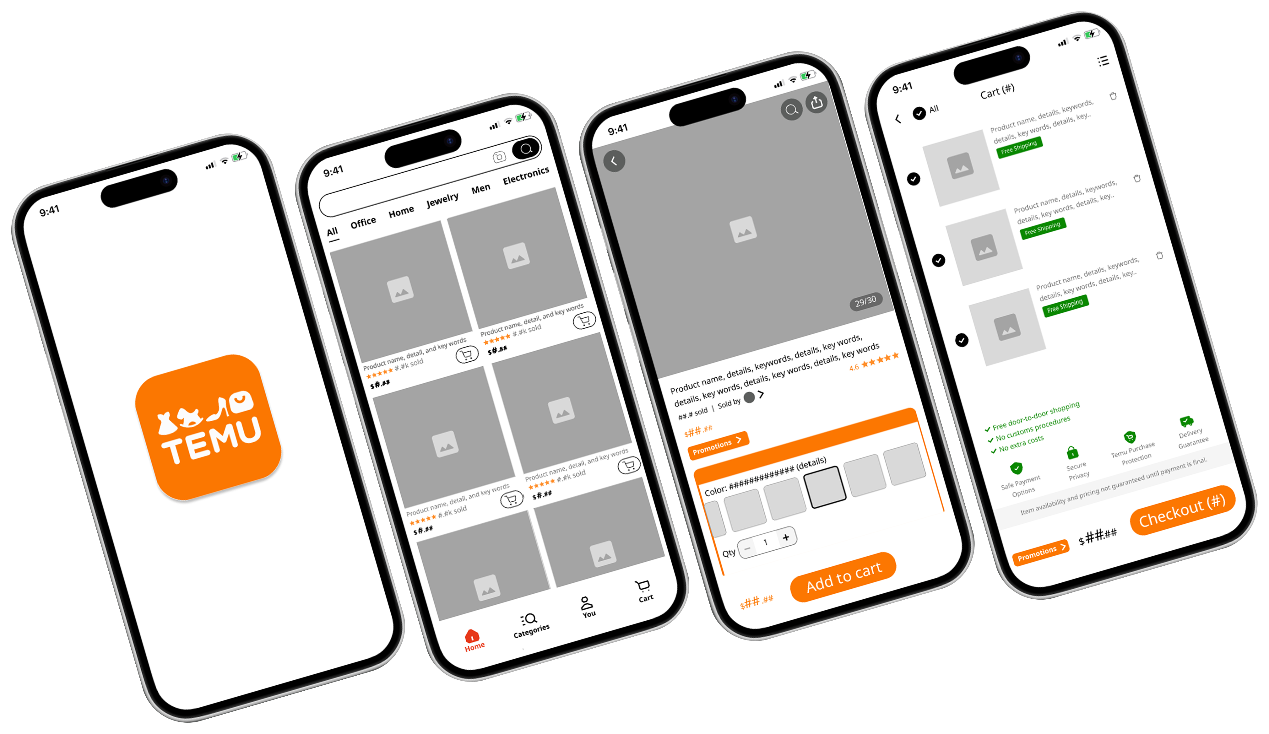 Heuristic audit UX redesign sample screens for Temu e-commerce showing simplified purchase flow