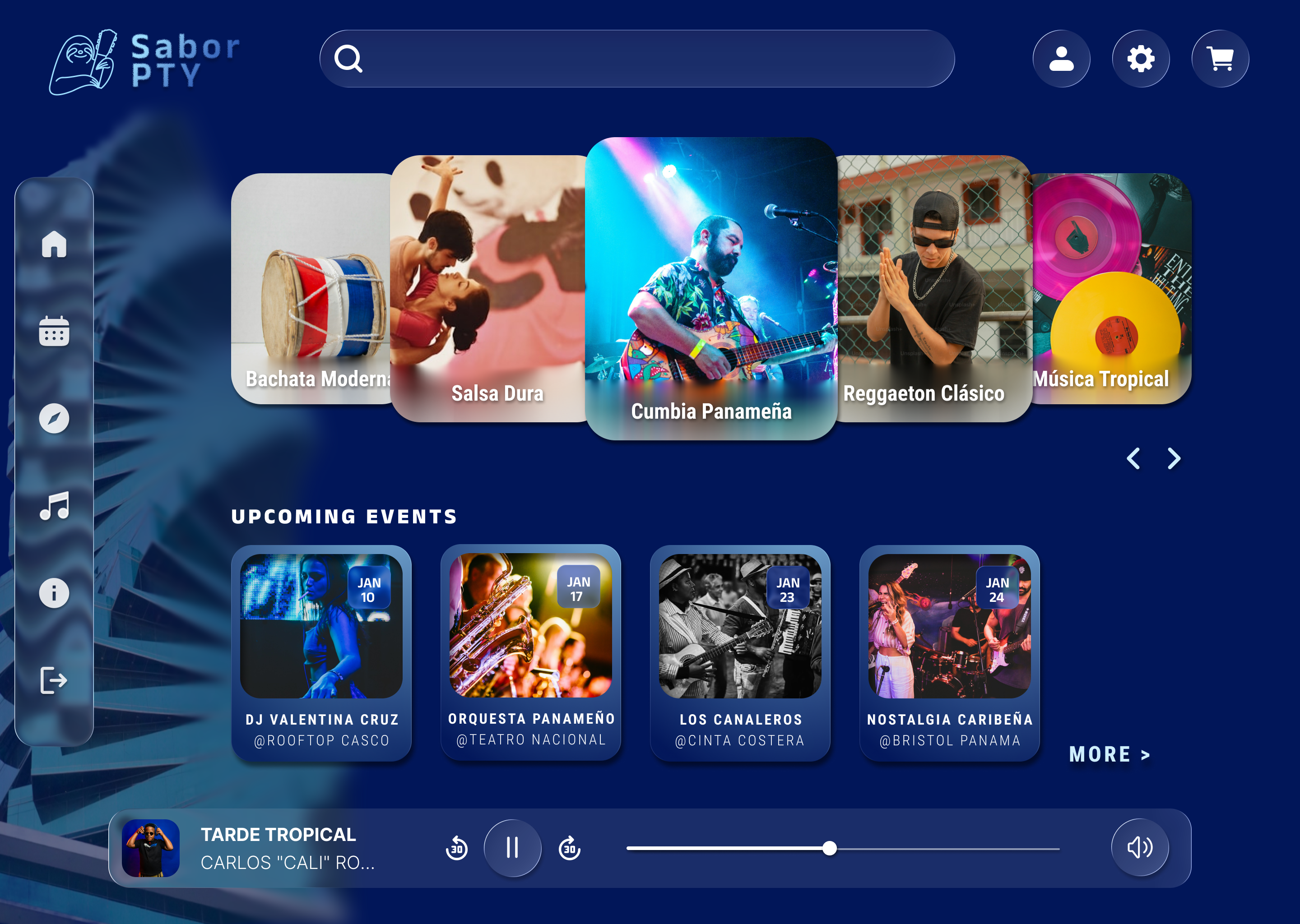Mockups of music discovery platform UI with event browsing and local artist features
