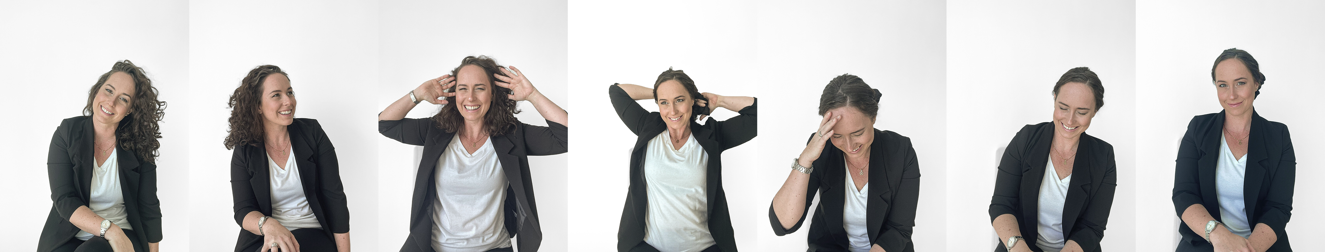 Banner of various portrait shots of Amanda laughing with someone off camera - showcasing humanisn, smile and character in various angles 