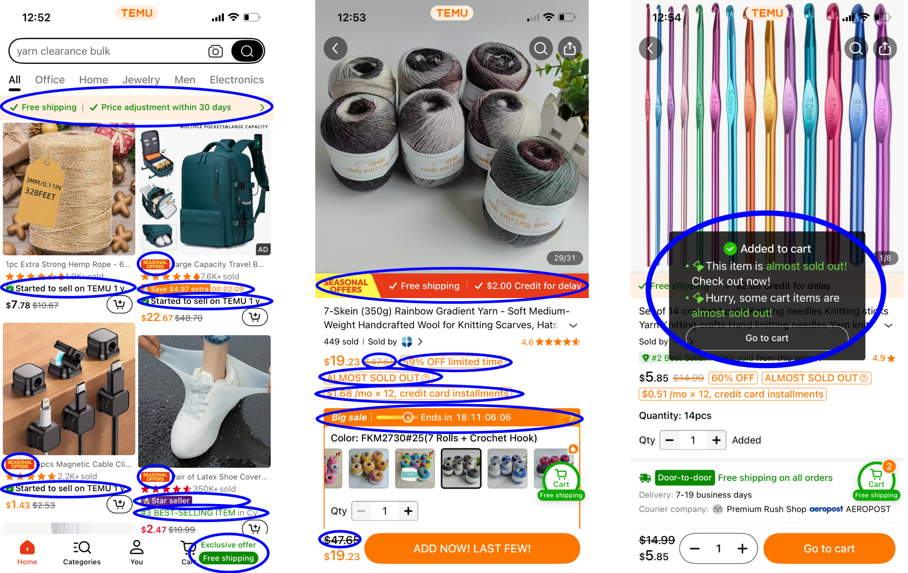 Original Temu mobile shopping flow with promotional banners and cluttered UI