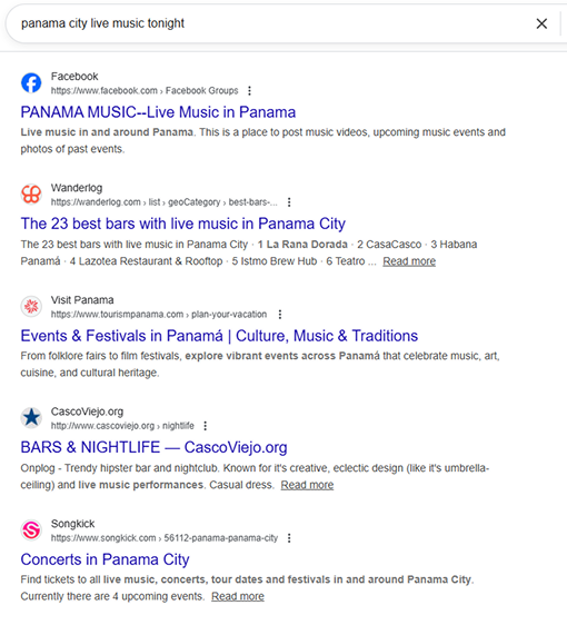 Google search screen showcasing no online central Panama city music event and discovery platforms