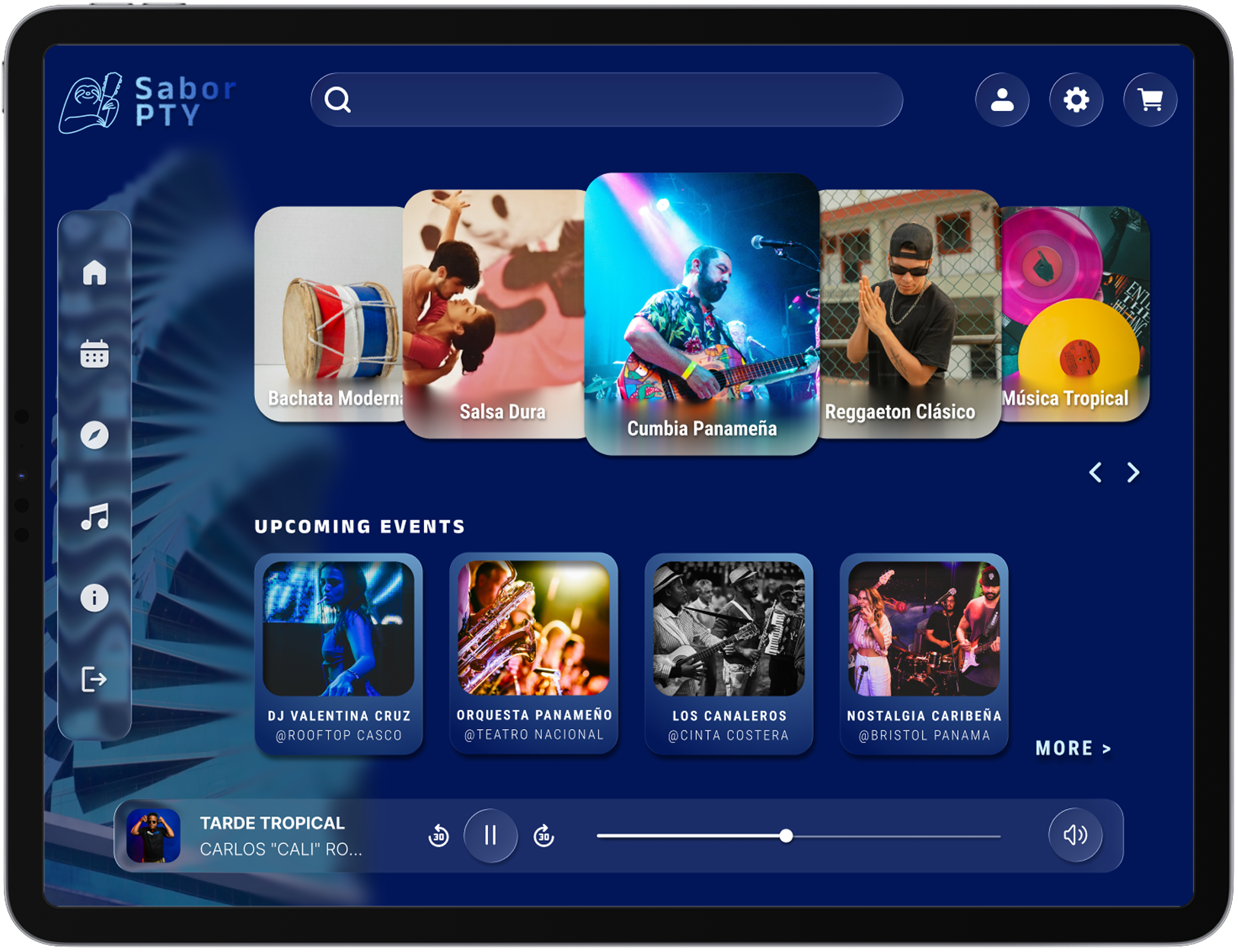 Music discovery platform UI overview showing event browsing and integrated music player