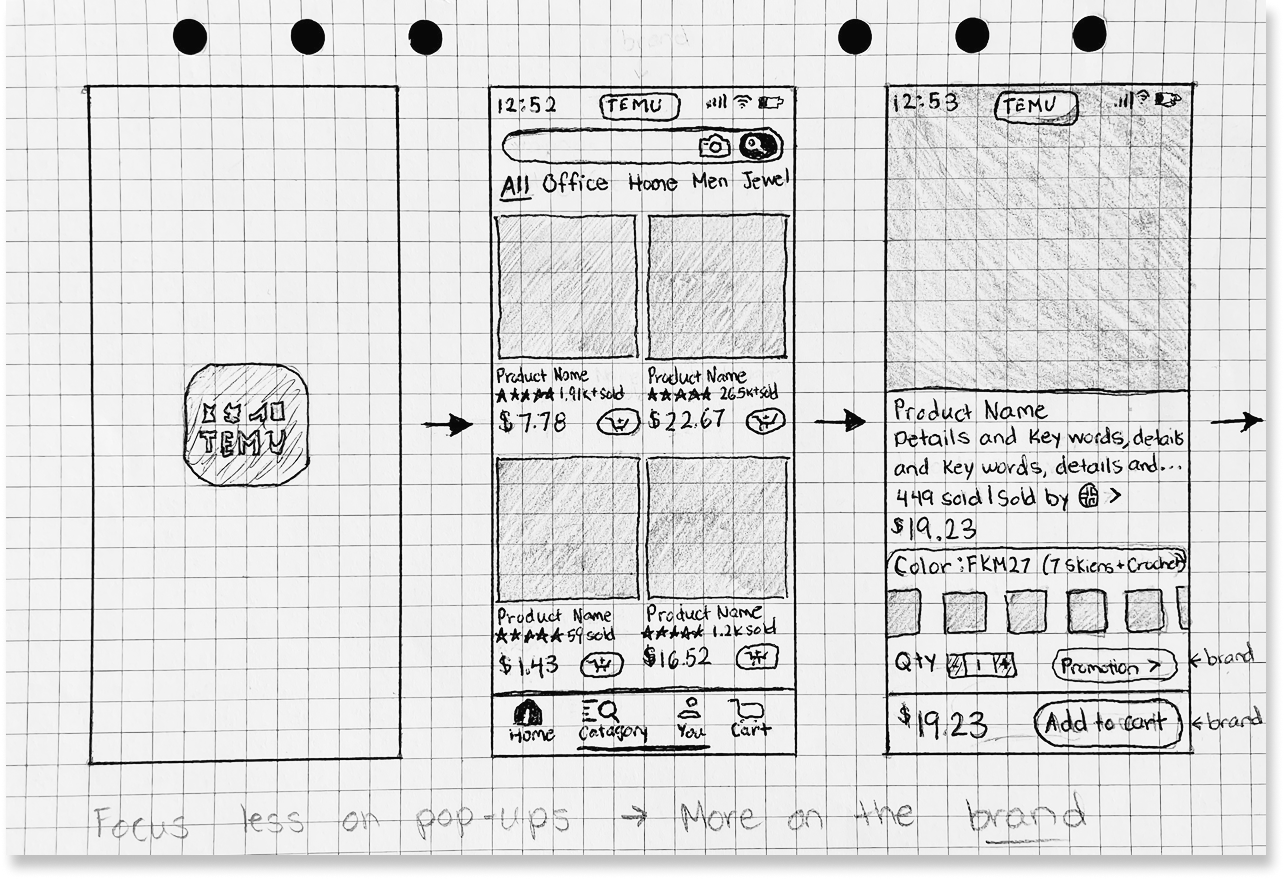 Initial sketch of Redesigned Temu mobile purchase flow with simplified hierarchy and clearer interface
