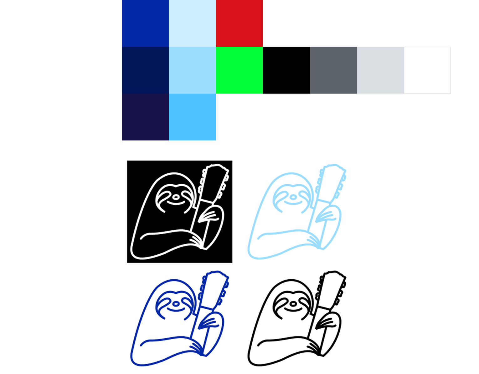 Branding color scheme and sloth logos