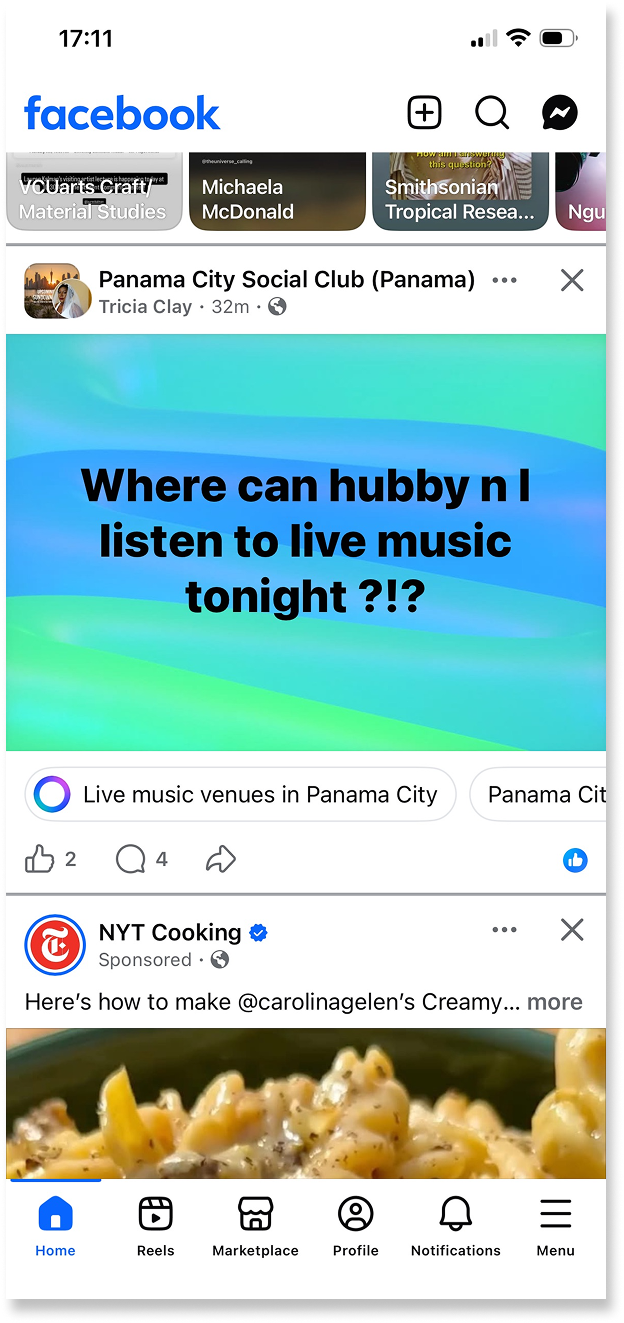 Screenshot of post of social media of expat asking where to discover music events