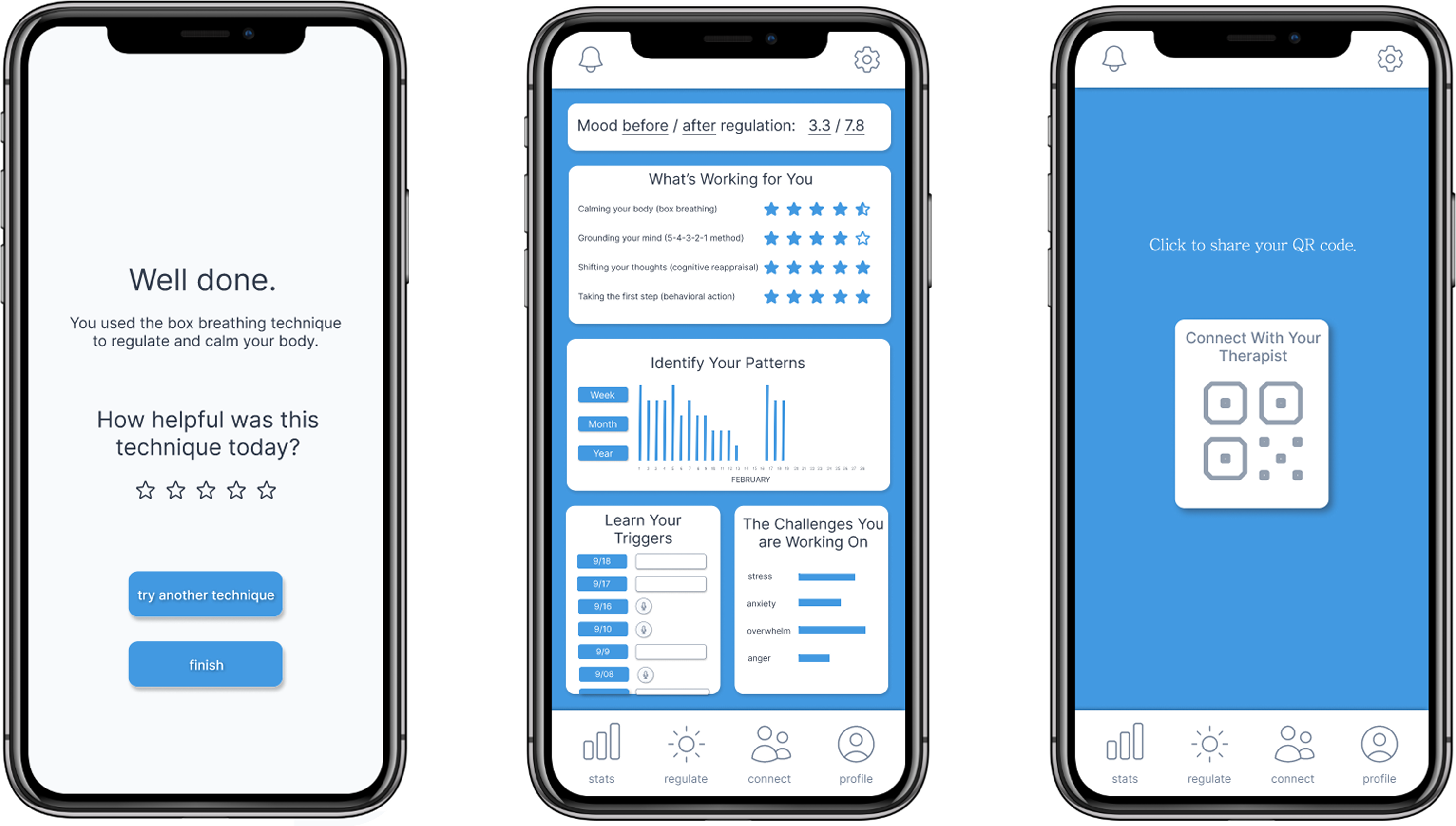 App interface comparing user reported emotion state before and after intervention