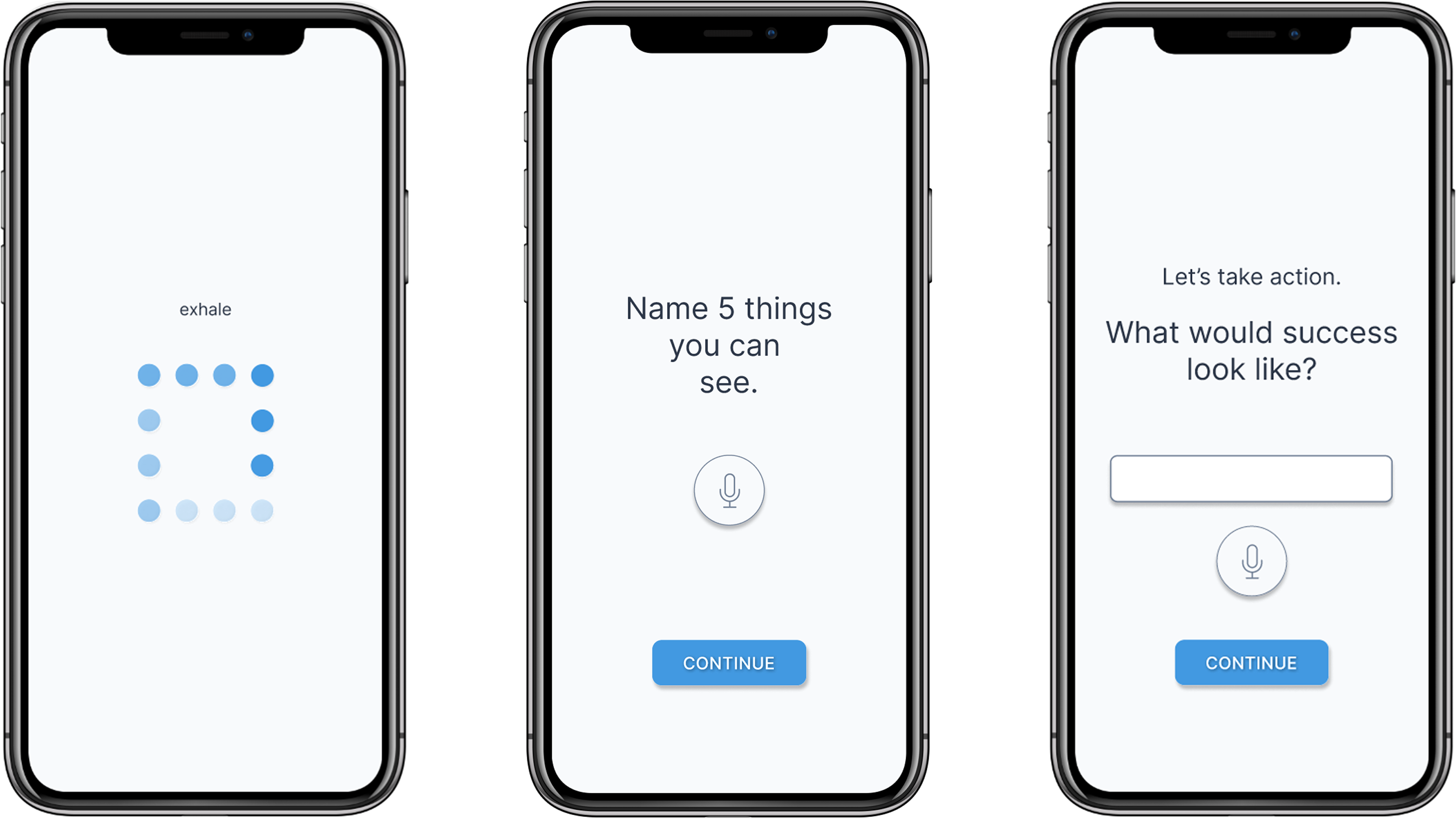 Guided breathing exercise interface with animated breath indicator, Mobile mockup of grounding or cognitive reappraisal exercise from the emotional support app, Mobile screen of emotional support app presenting intervention options for emotion regulation