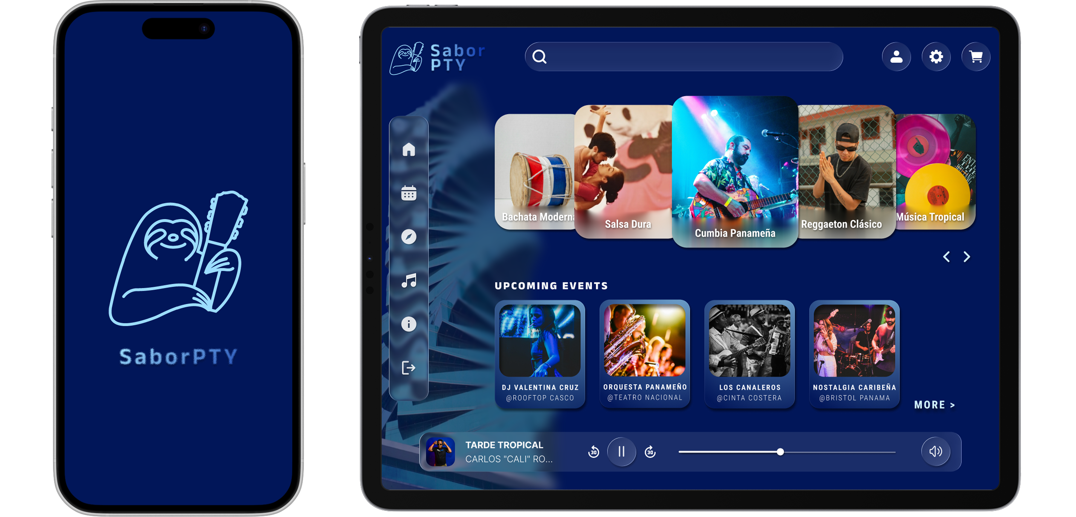 Music discovery app main feed with upcoming events and featured artist sections, Mobile screen showing music genre carousel for browsing events and artists