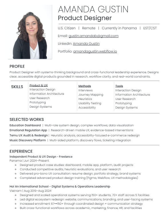 Resume page showing 20 years of UX design and operational leadership