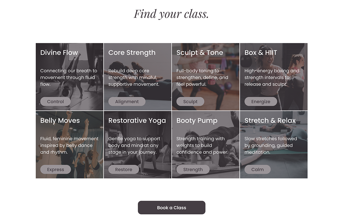 image of divine studio's class offering section