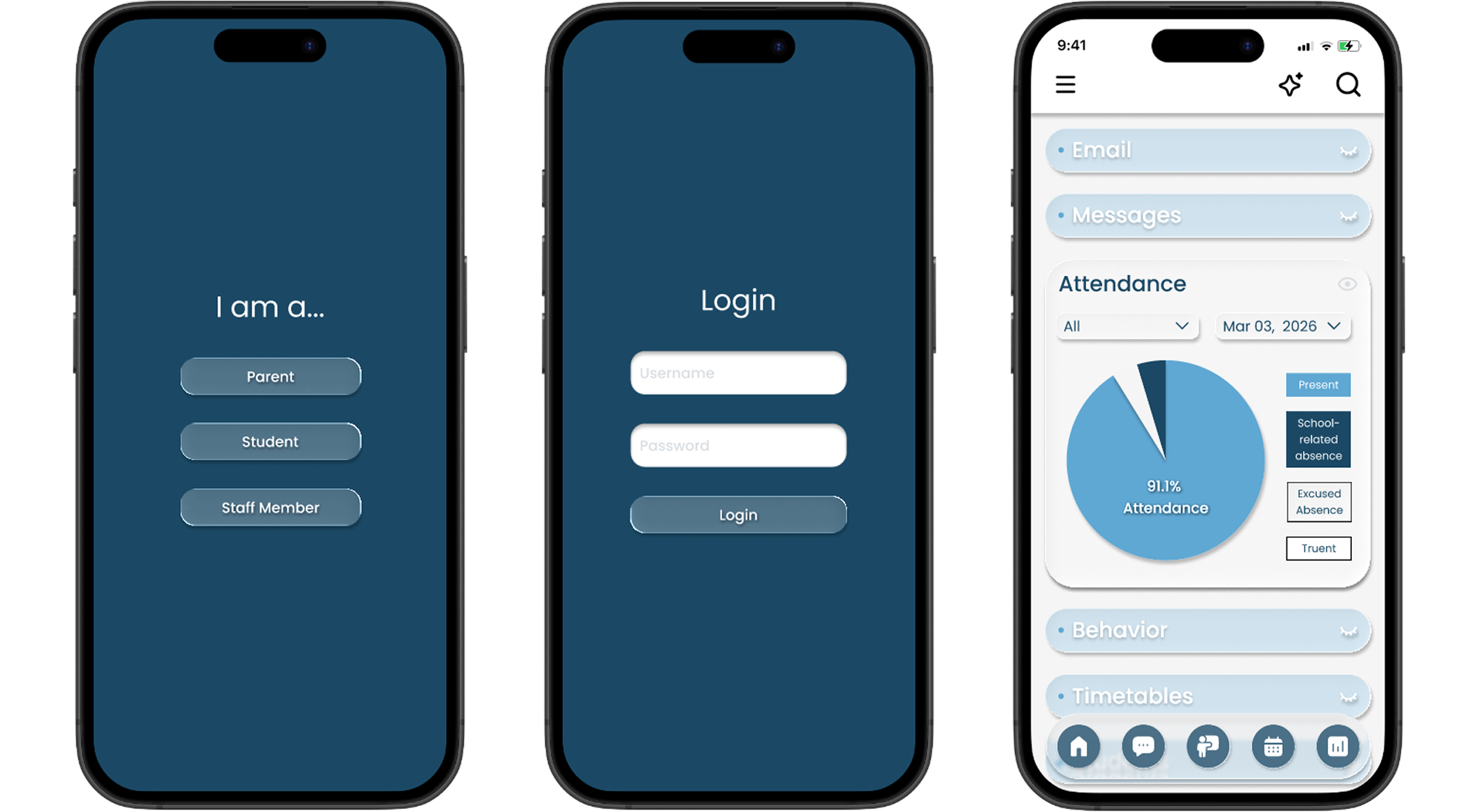 phone mockups of the mobile app version of the education management system