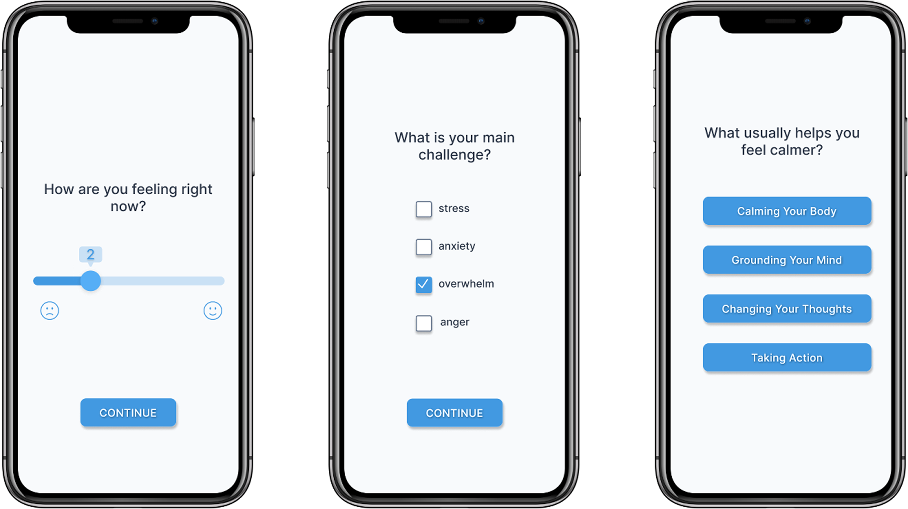 phone mockups of the preliminary interventions screens of the regulate app