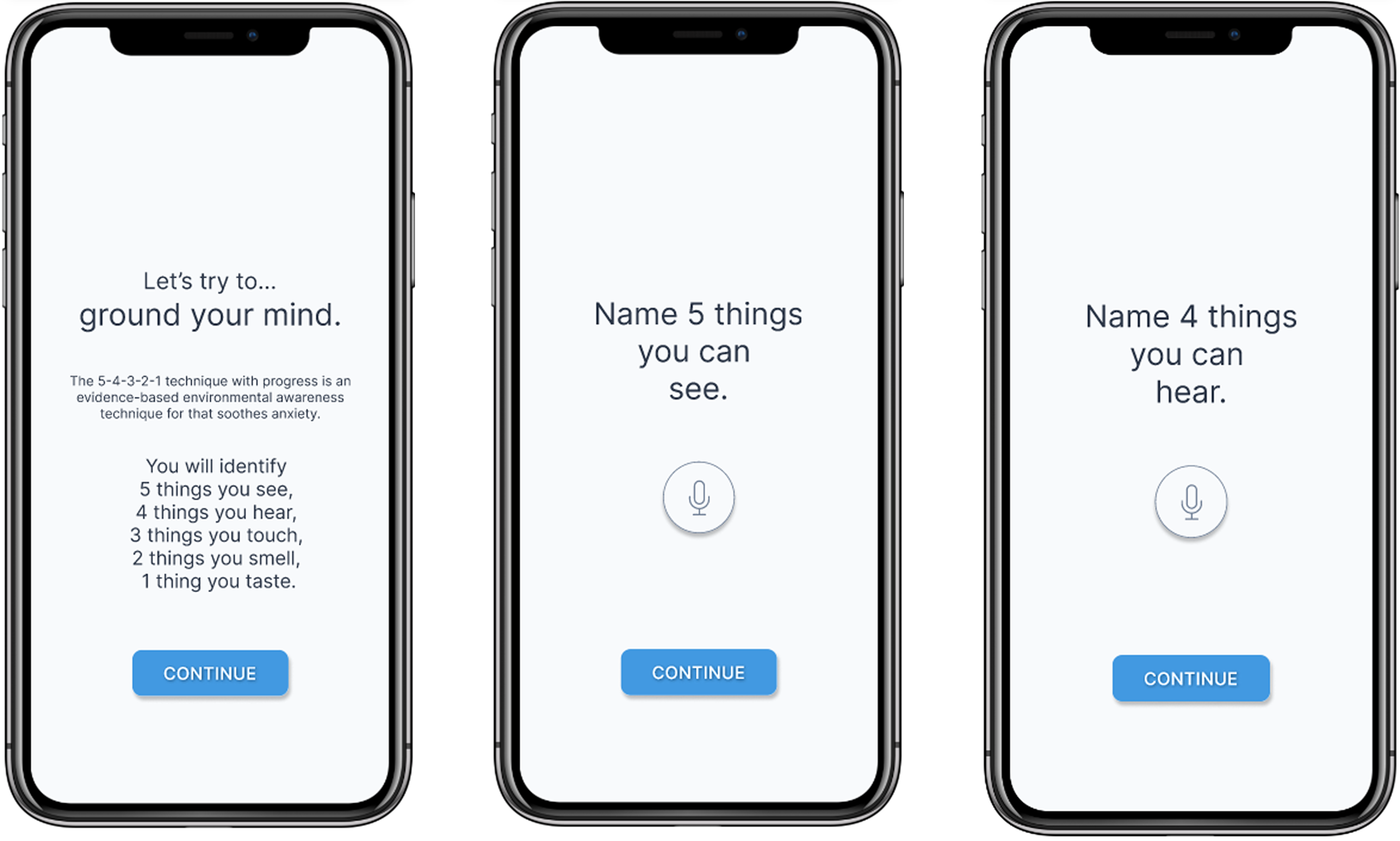 phone mockups of the grounding exercise screens of the regulate app