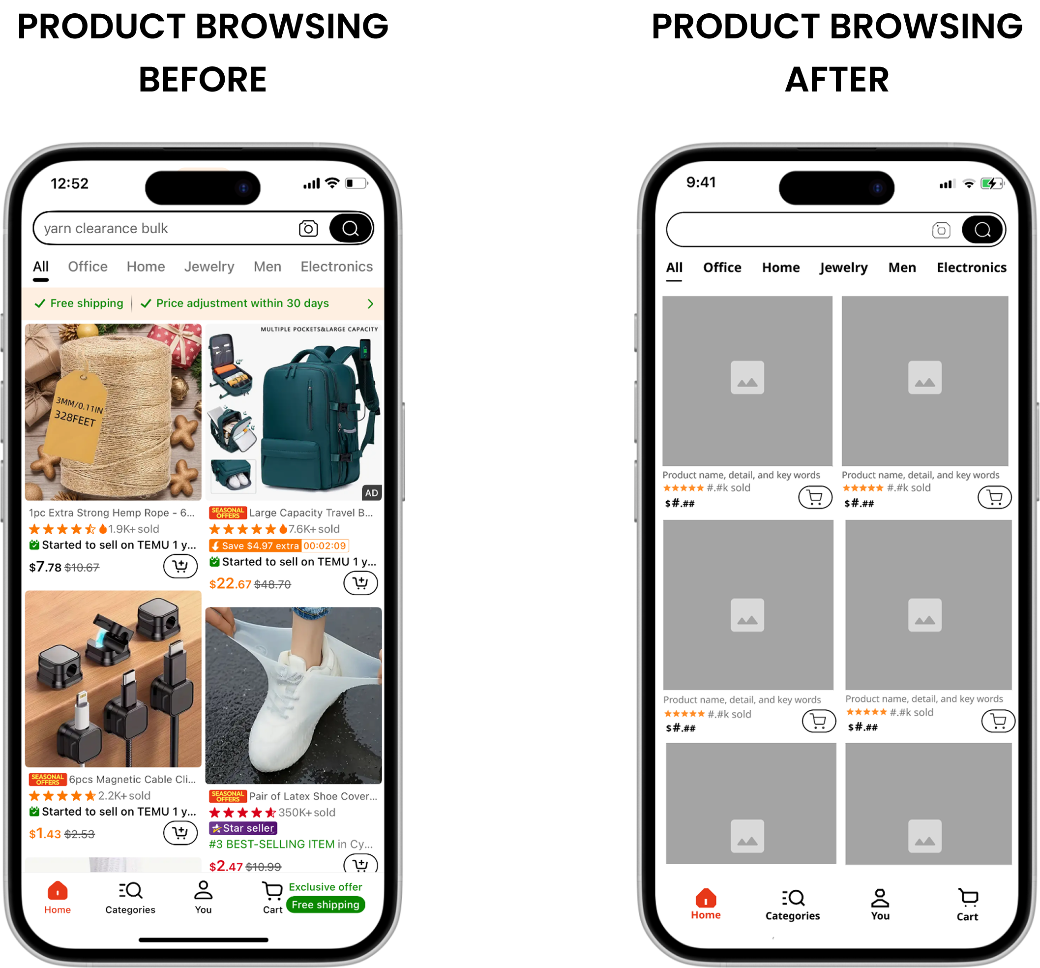phone mockups of temu's product browsing experience before the redesign, and the clearer hierarchy after the redesign