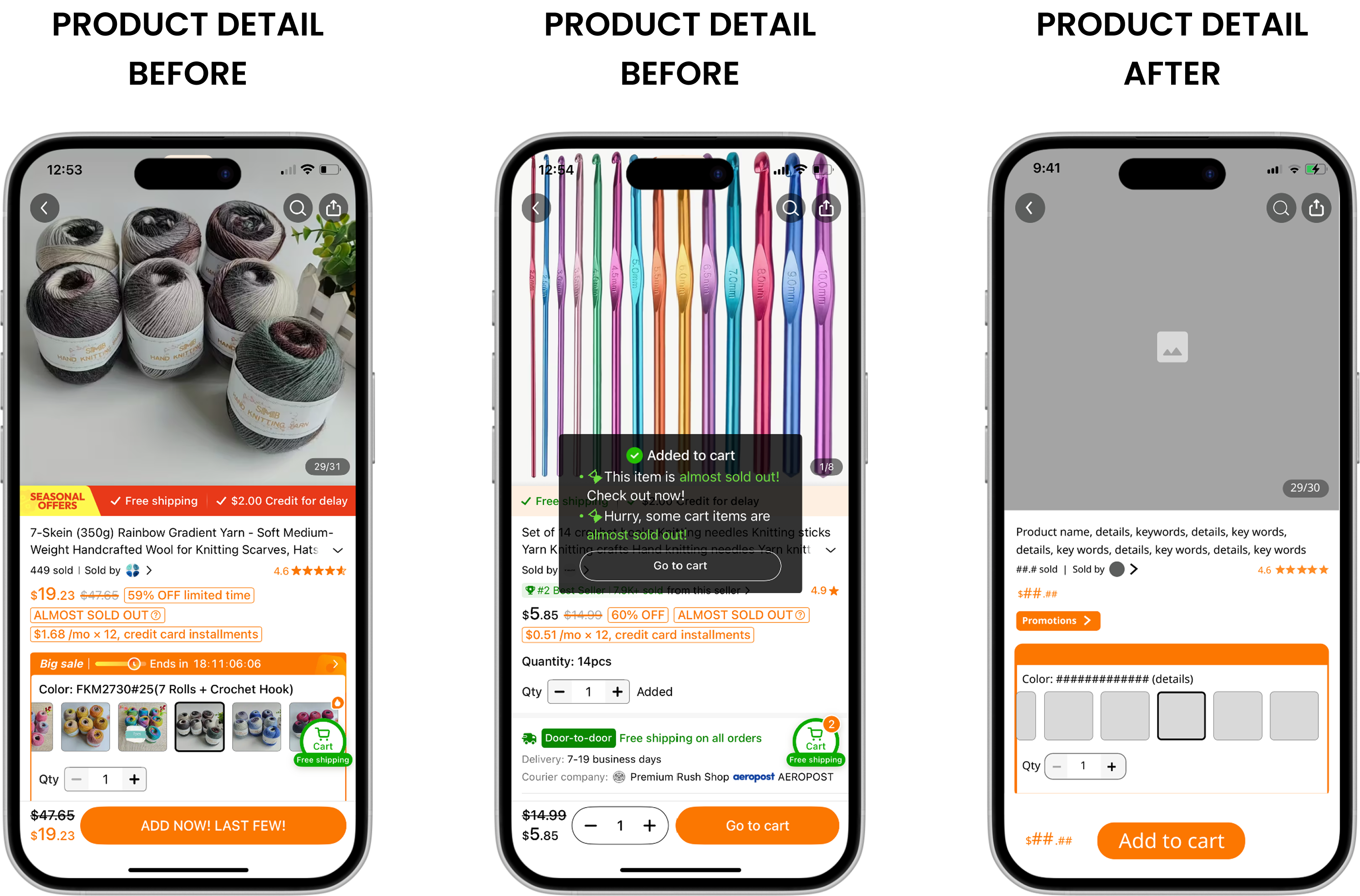 phone mockups of temu's product detail experience before the redesign, and the clearer hierarchy after the redesign