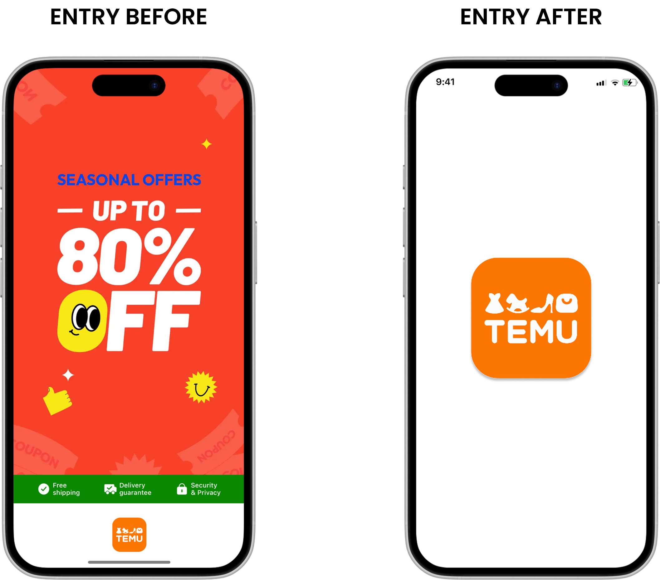 phone mockups of temu's former welcome page and the redesign of the welcome screen, landing on a trusted-feeling product experience