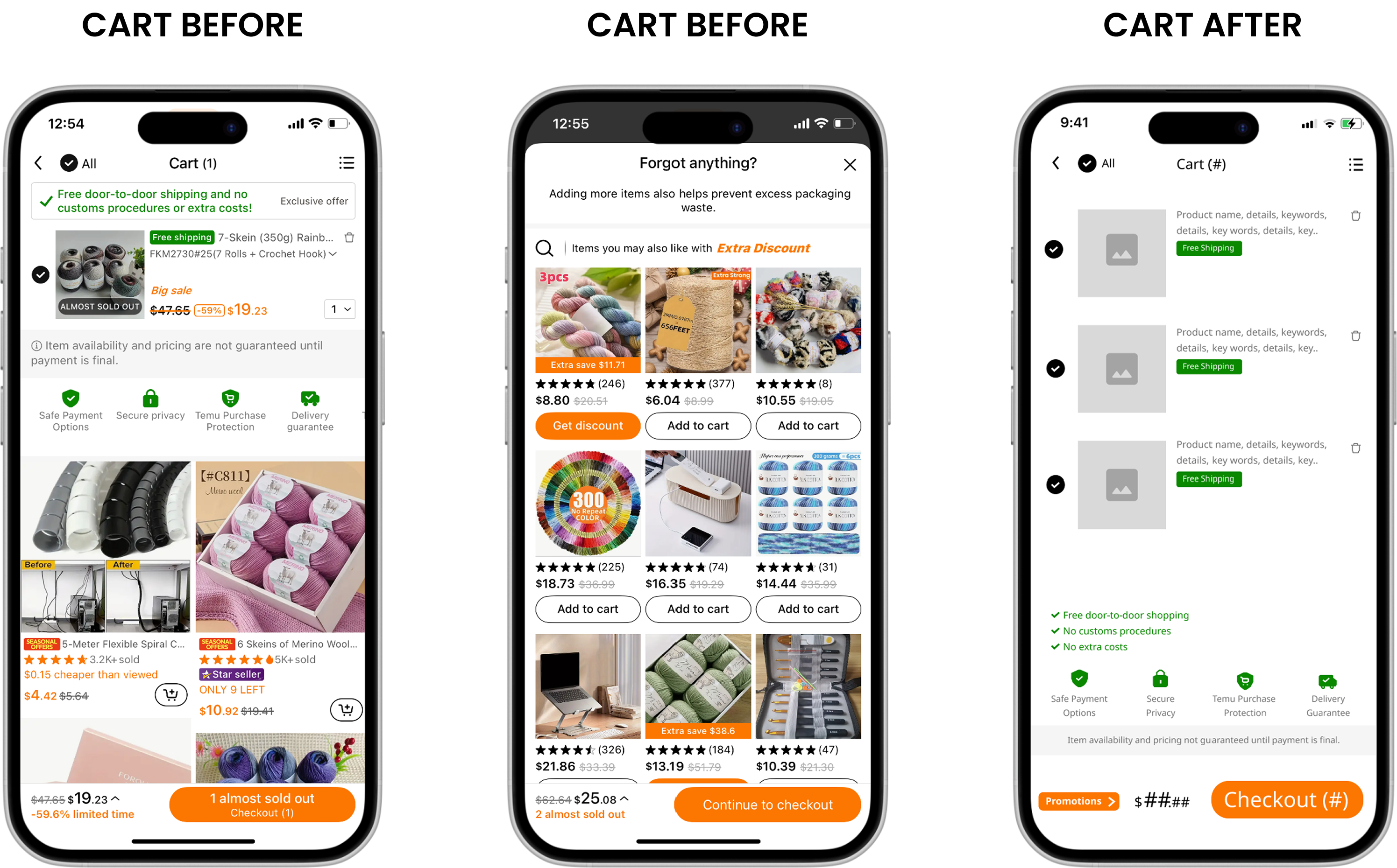 phone mockups of temu's cart experience before the redesign, and the clearer hierarchy after the redesign