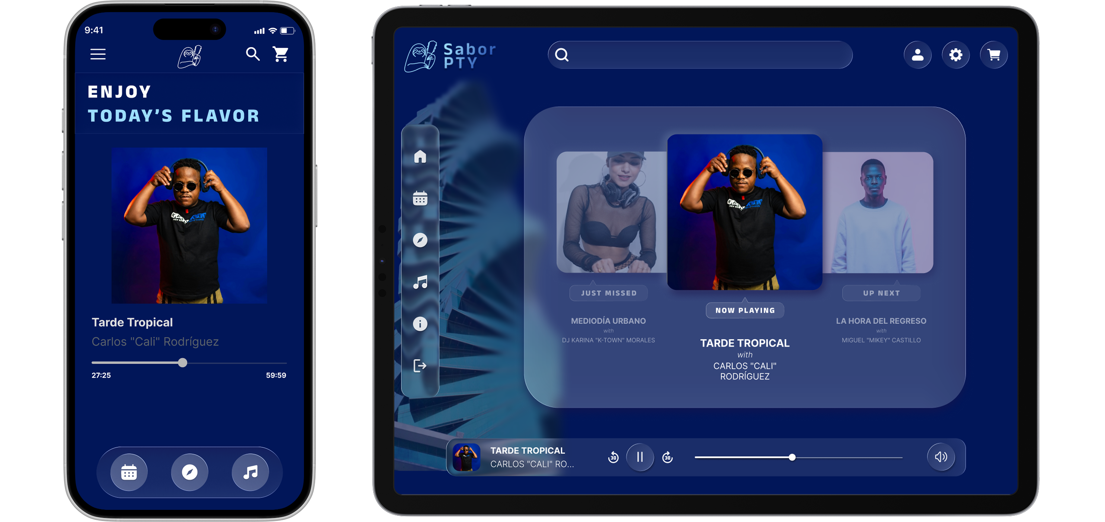 side-by-side mockups of the desktop app version and the mobile app version of the streaming pages of the music app