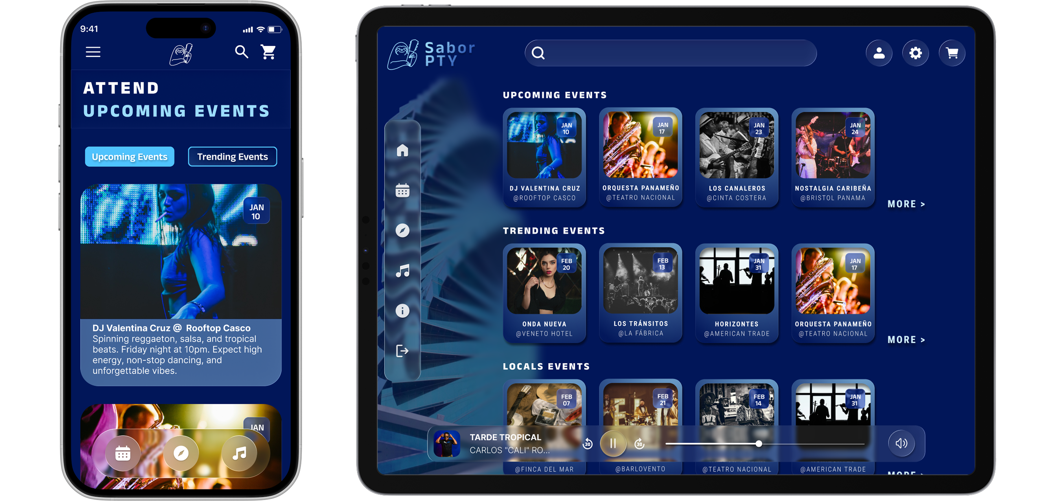 side-by-side mockups of the desktop app version and the mobile app version of the events discovery pages of the music app