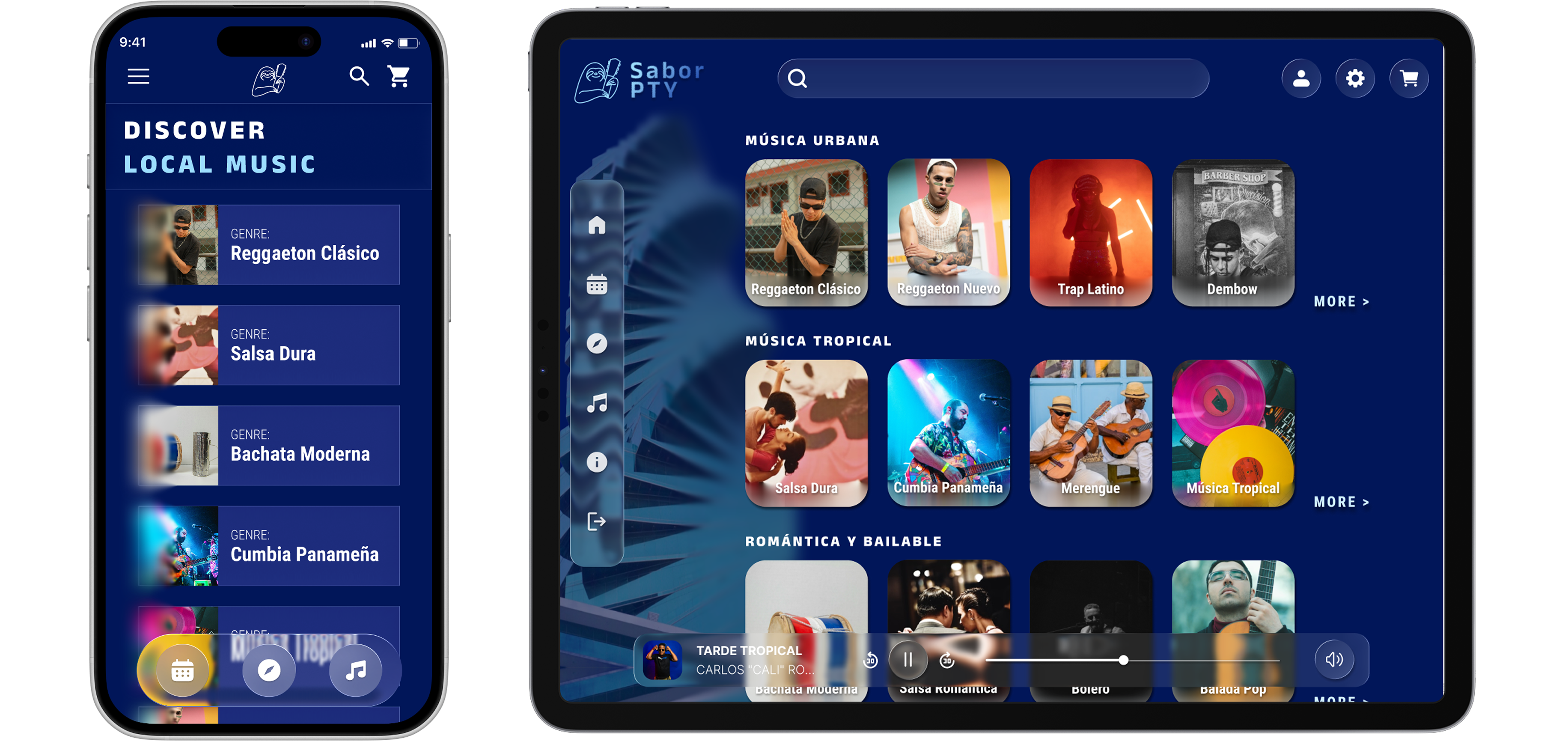 side-by-side mockups of the desktop app version and the mobile app version of the music genre and artist discovery pages of the music app