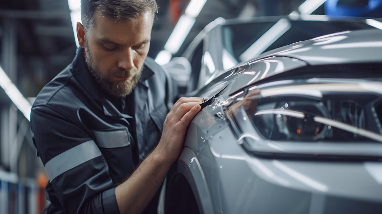 Mechaniker überprüft eine Beule an der Karosserie eines silbernen Autos in einer Werkstatt.