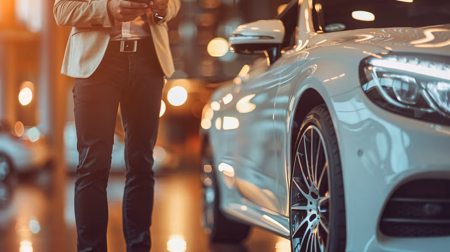 Mann mit beiger Jacke steht neben einem weißen Luxusauto in einem beleuchteten Showroom.