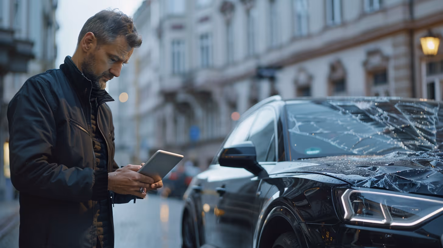 Mann steht auf einer Straße neben einem schwarzen Auto mit zerbrochenem und eingedelltem Vorderteil und benutzt ein Tablet.