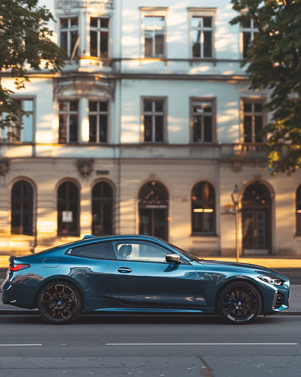 Blaugrüner Sportwagen, seitlich geparkt vor einem historischen Gebäude mit großen Fenstern.