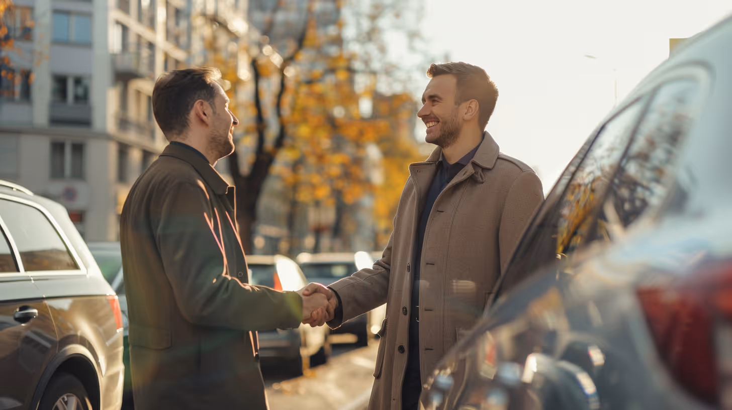 Zwei Männer, die sich auf einer sonnigen Straße im Herbst die Hand schütteln, umgeben von geparkten Autos.