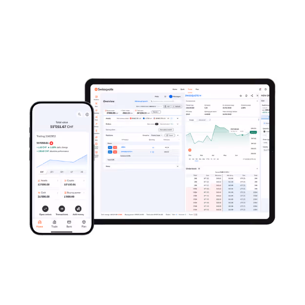 Mobile phone and tablet showing Swissquote financial trading app interface with graphs and account details.