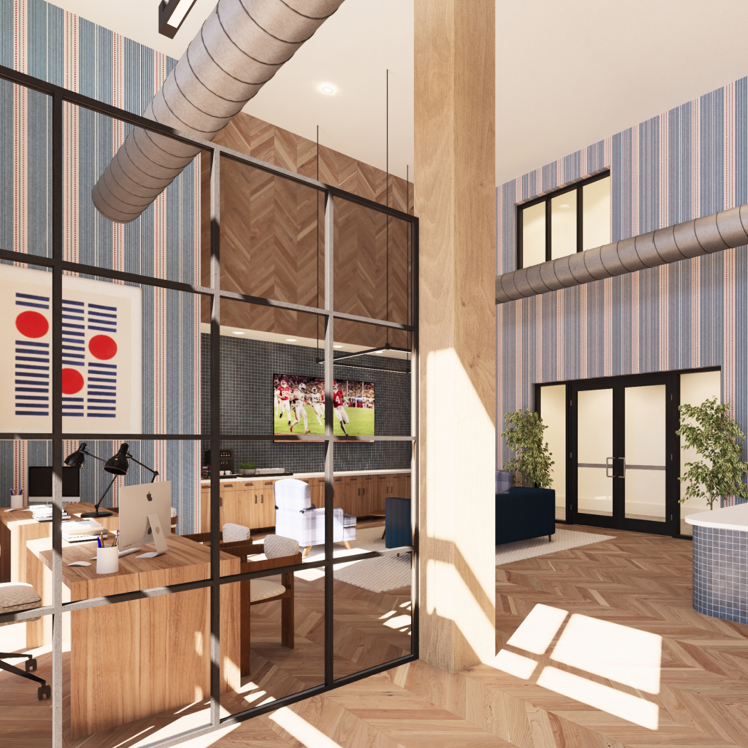 Rendering of a double-height leasing office with glass partition walls, herringbone floors and a TV showing football