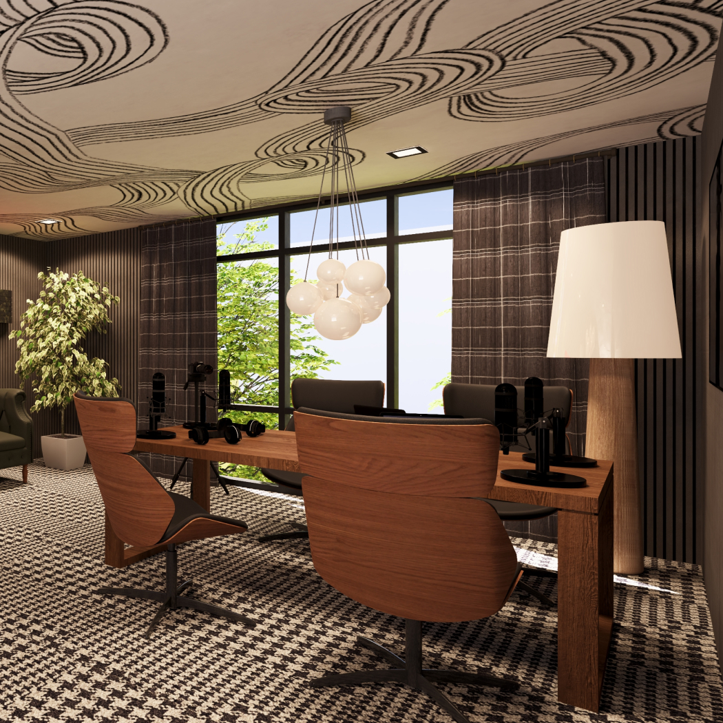 3D rendering of a content creator studio with microphones and headphones on a long wood table and swivel chairs