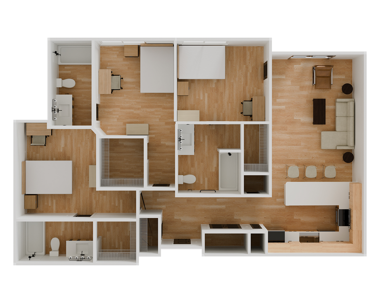 Floor plan for the 3-bedroom flat showing three bedrooms, three bathrooms, an open living room and kitchen