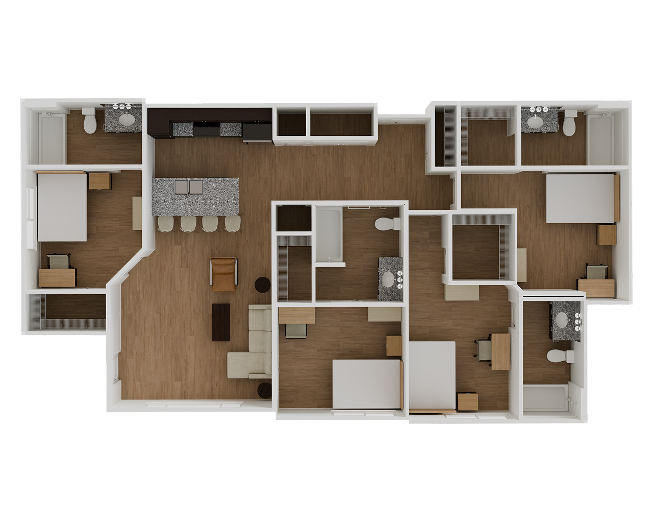 Floor plan for the 4-bedroom corner unit with four private baths, a granite island kitchen and an angled living-room wall