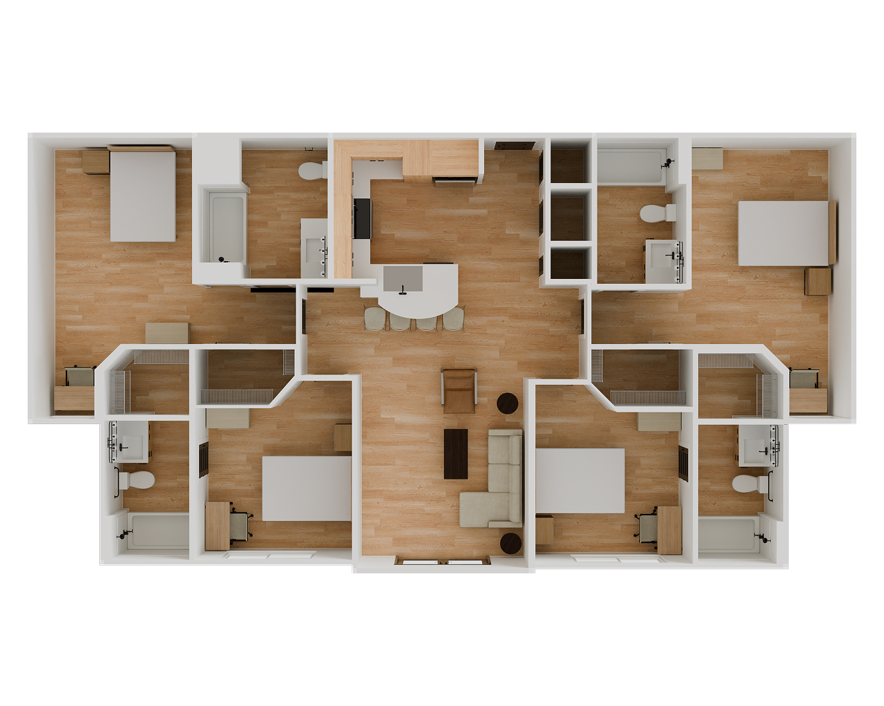 Floor plan for the 4-bedroom flat showing four bedrooms with private baths around a central kitchen and living room