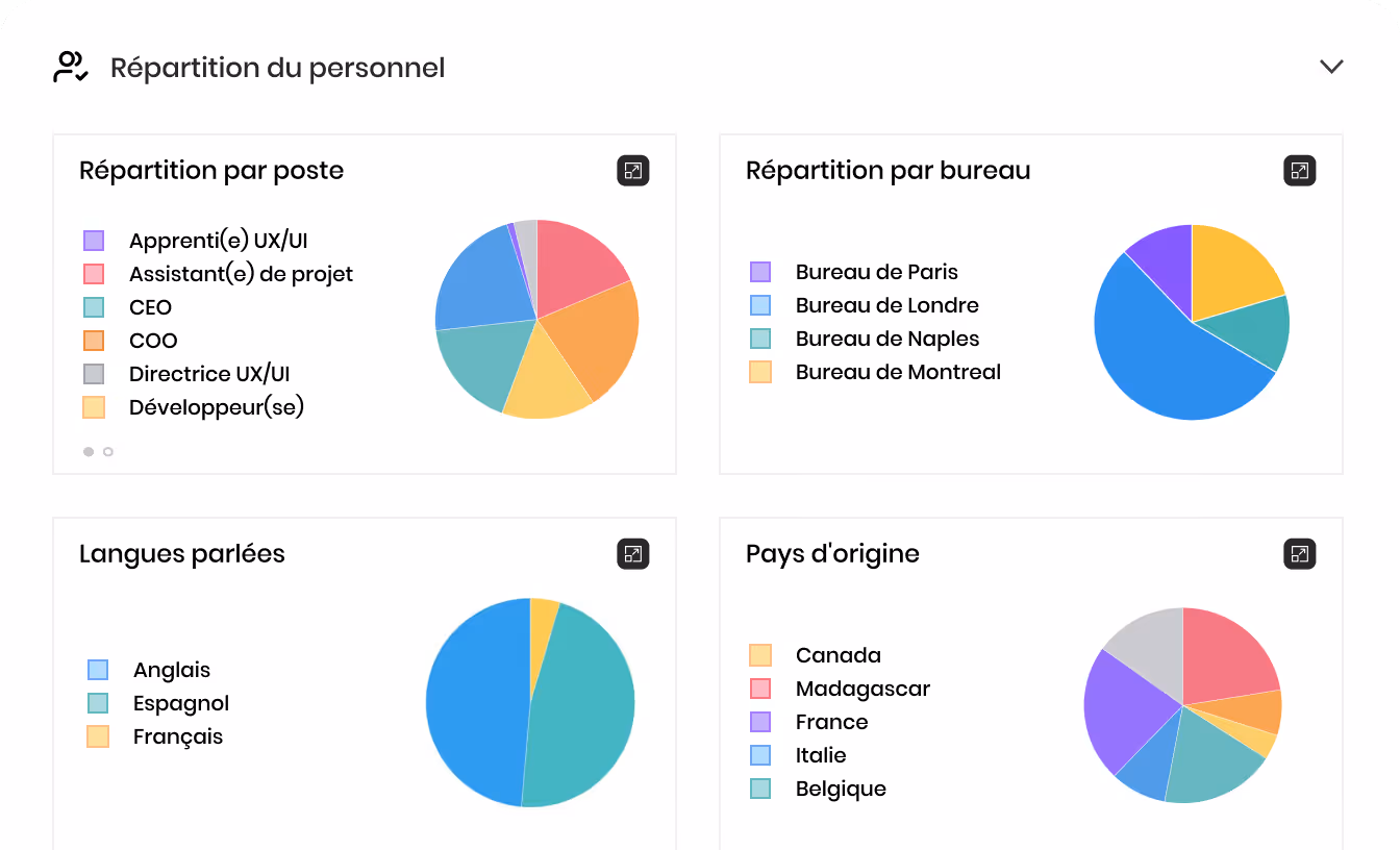 Quatre graphiques circulaires montrant la répartition du personnel par poste, bureau, langues parlées et pays d'origine avec légendes colorées.