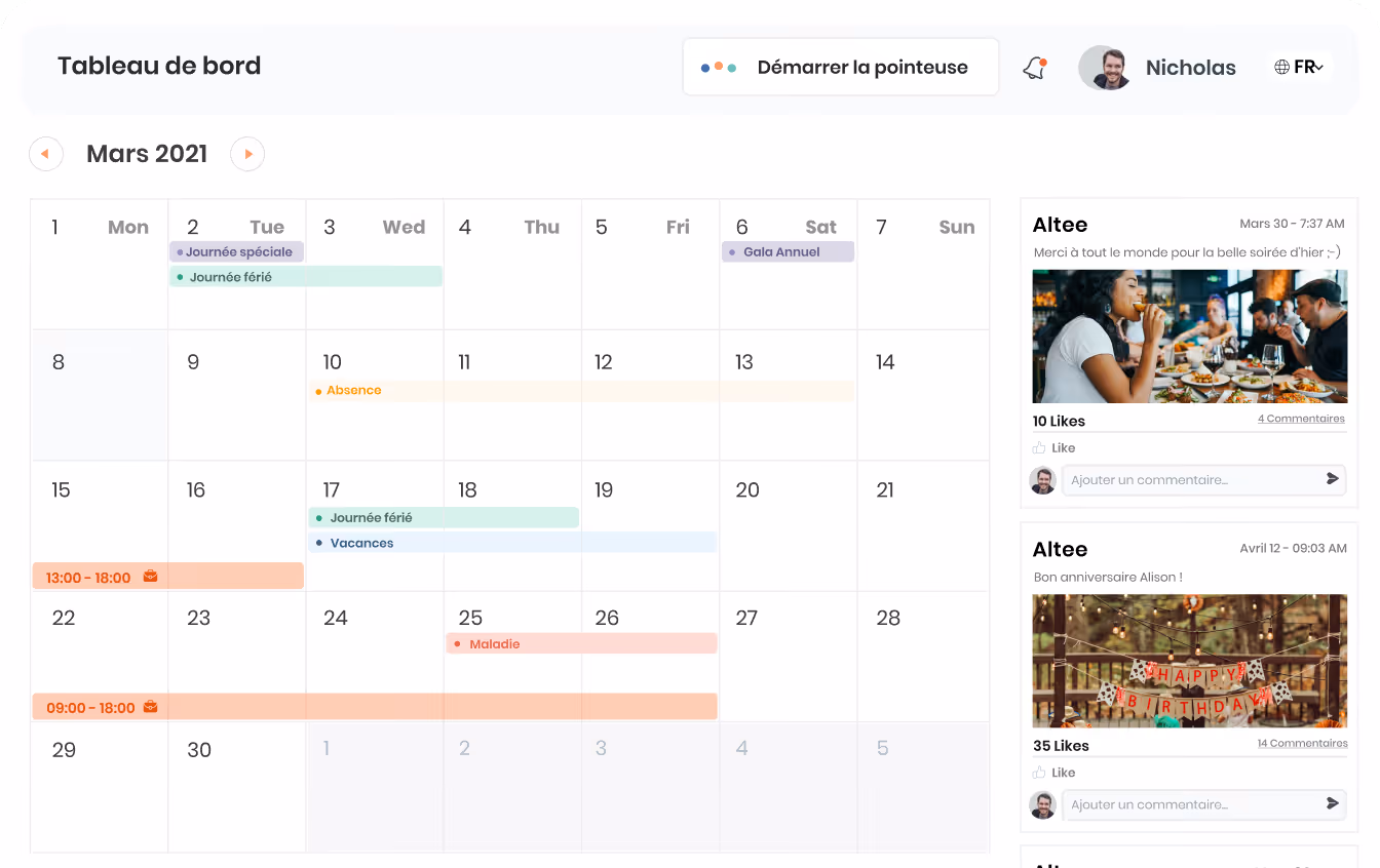 Tableau de bord Calendrier Mars 2021 avec événements comme journée spéciale, jours fériés, absences, vacances, maladie et horaires de travail, et flux d'activités avec messages et photos d'anniversaire.