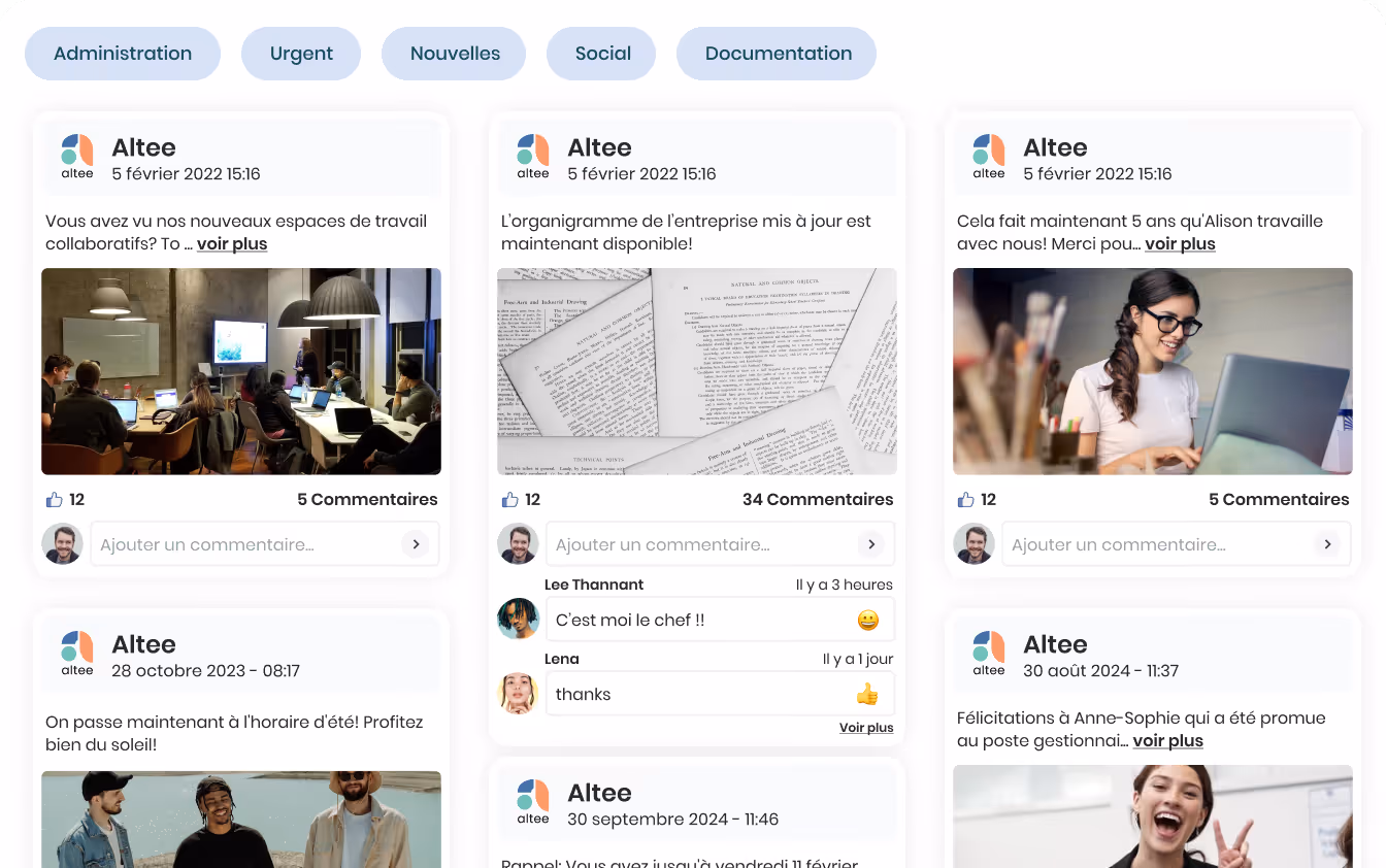 Interface de communication interne d'Altee présentant plusieurs publications avec images, commentaires, et réactions sur des sujets tels que espaces collaboratifs, organigramme, et promotions.
