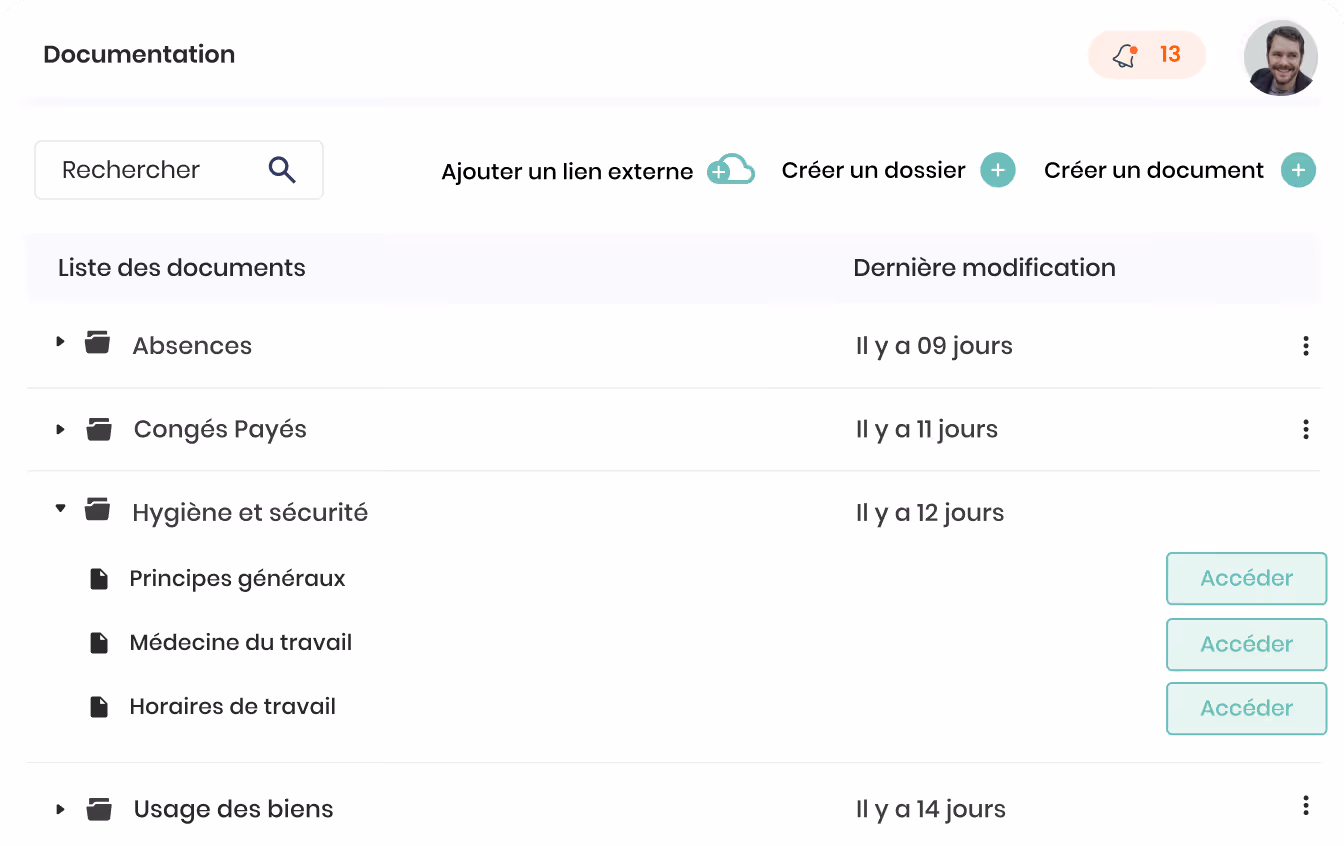 Interface de documentation avec une liste de dossiers et documents en français, incluant Recherche, Ajouter un lien externe, Créer un dossier, Créer un document, avec les dossiers Absences, Congés Payés, Hygiène et sécurité, et Usage des biens, indiquant la dernière modification.