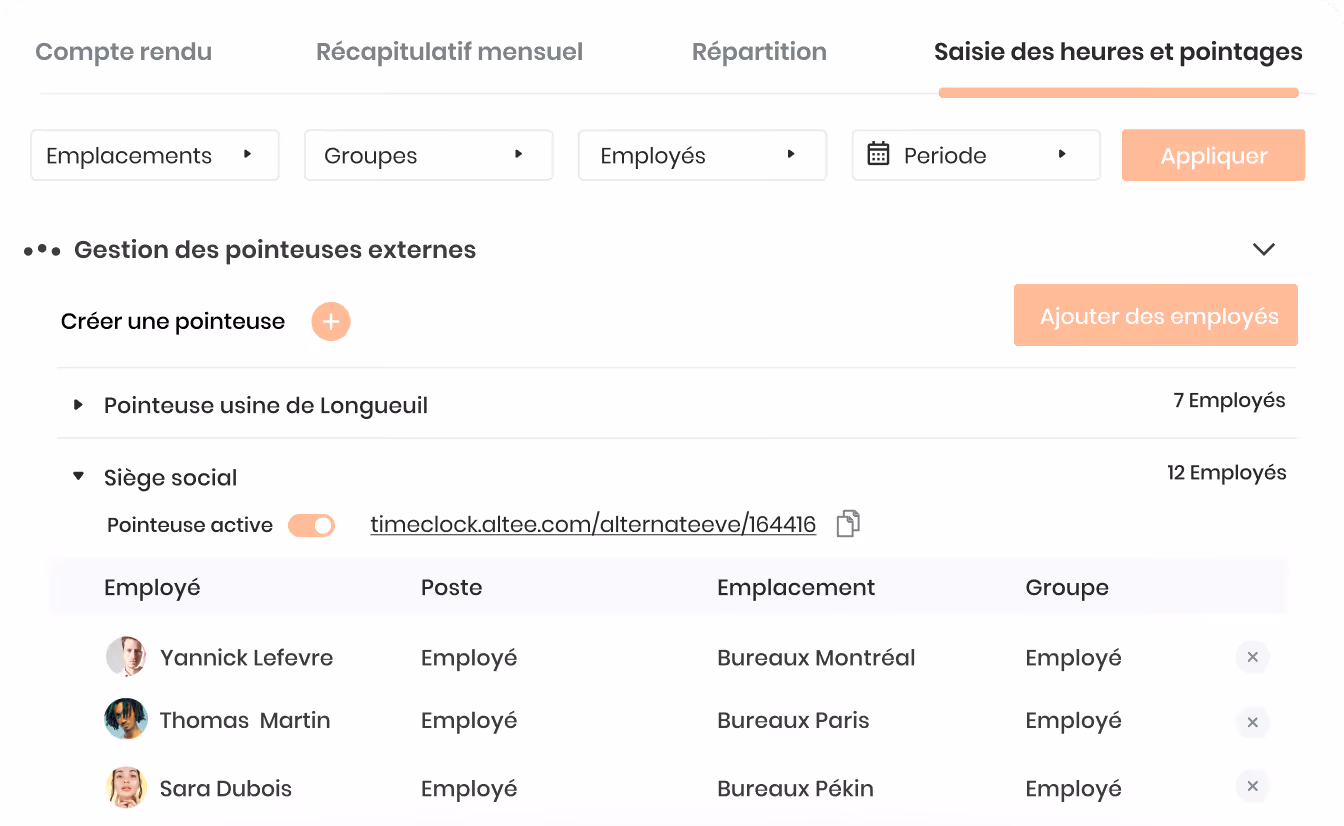 Interface de gestion des heures et pointages avec onglets, filtres pour emplacements, groupes, employés, période, et liste d'employés avec leurs postes et emplacements dans siège social.